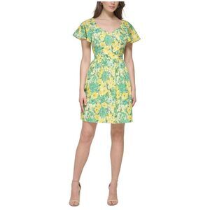 Kensie Womens Printed Eyelet Fit & Flare Dress, Multicoloured, 8, DM